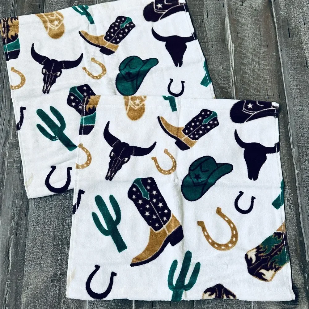 Cowboy Western Horseshoe Cactus Boots Hat Print Cotton Bath Washcloths Lot